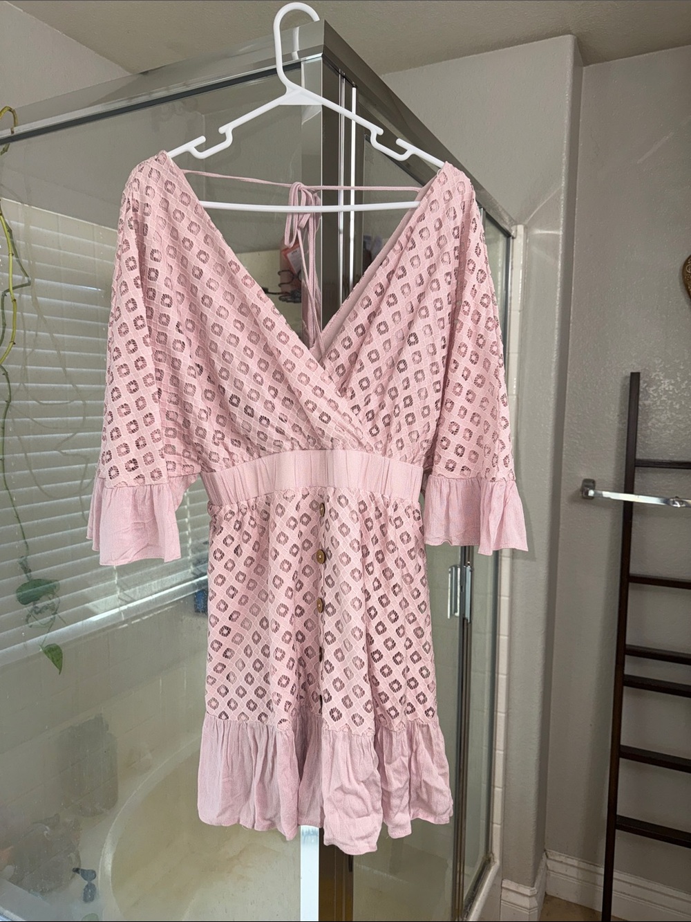 Blush Pink V-Neck Eyelet Tiered Mini Dress